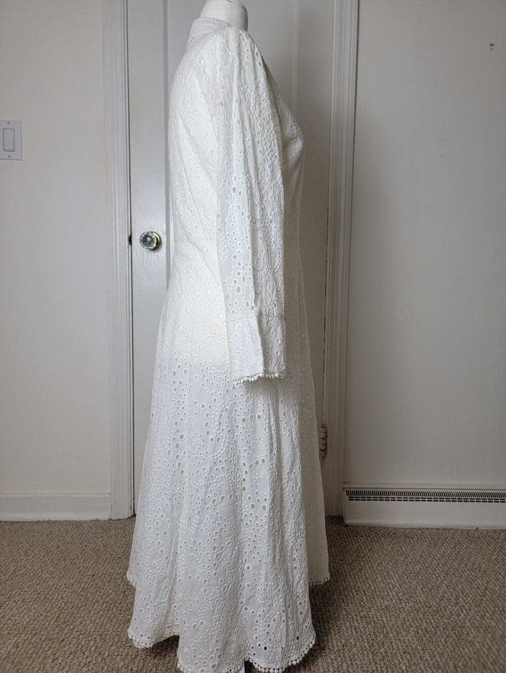 Zara 46"L Midi White Dress Metal Buttons Embroidered Eyelets Belt, Lined, Sz XL - Picture 12 of 16